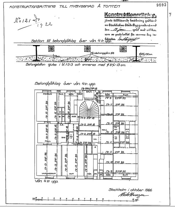 Byggritning, planlösning, sektion för betongbjälklag, teknisk dokumentation, handskrivna anteckningar, daterad Stockholm 1926.