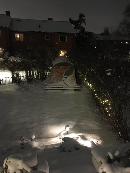 Snötäckt trädgård på kvällen med belysning, redskapsbod, snöiga buskar och bostadshus i bakgrunden.