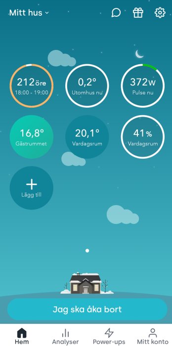 Skärmdump av en app, visar hemautomation med temperatur, energiförbrukning och väder.