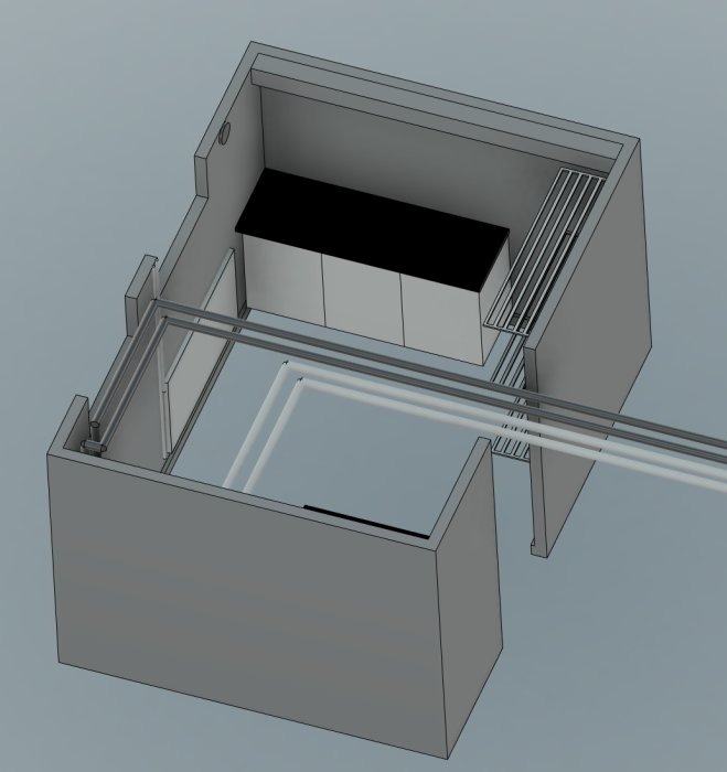 3D-modellerad, öppen container med skenor och rör, gråskala, ingen bakgrund, konstruktionsdesign.