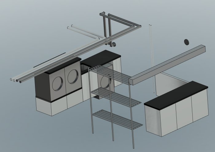 CAD-ritning av köksskåp och hyllor med upphängningsdetaljer, gråtoner, 3D-perspektiv, ingen bakgrund.