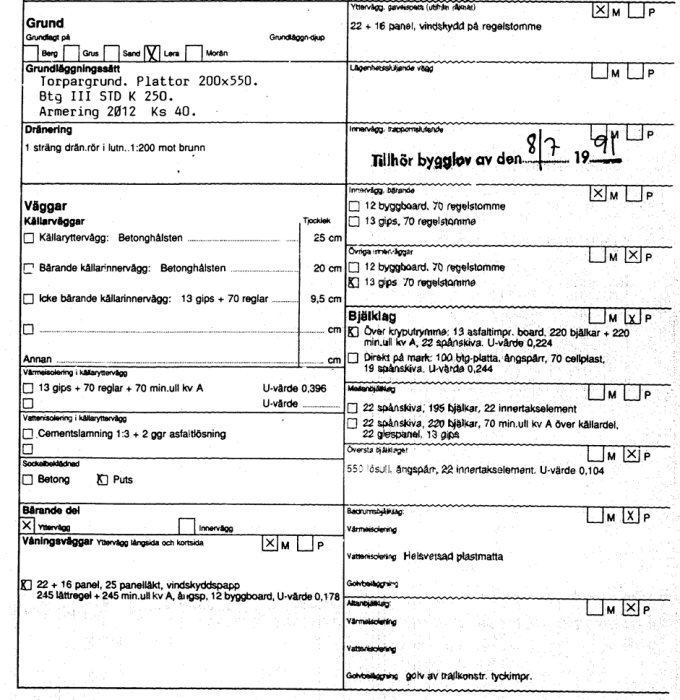 Svensk byggteknisk specifikation för grundläggning, dränering, och väggkonstruktion med mått och material.