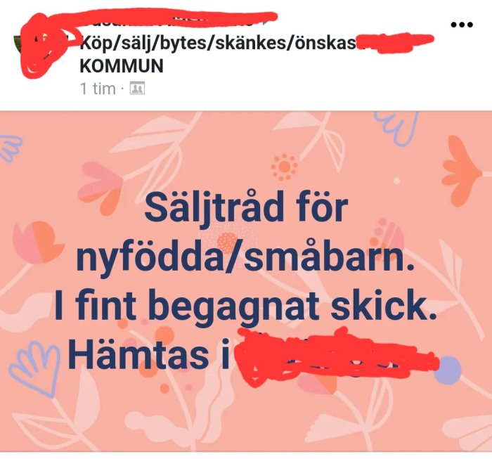 Rosa bakgrund, säljtråd för småbarnsprodukter, begagnat, bild från en social media plattform.