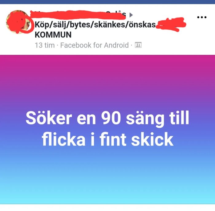 Facebook-inlägg, söker 90 säng för flicka, lokalt köp/sälj/community-grupp, färger rosa och lila.