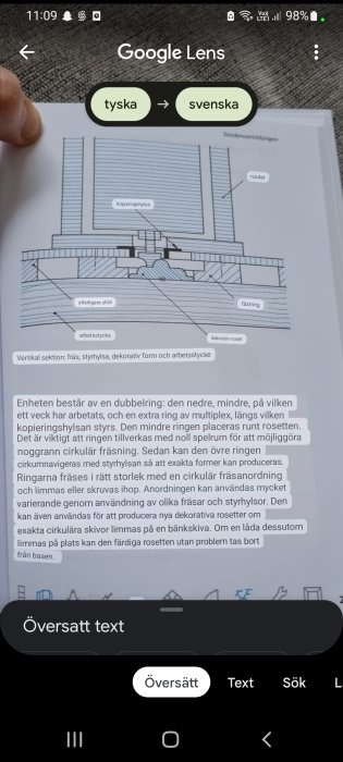 En person använder Google Lens för att översätta text från tyska till svenska på en teknisk illustration.