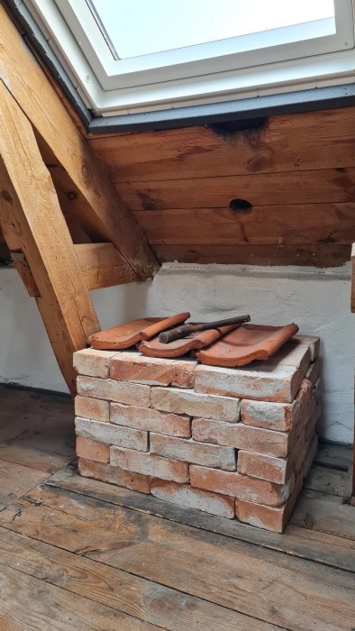 Takfönster, träbjälkar, tegelstenar, keramiska takpannor på litet podium inuti ett hus.