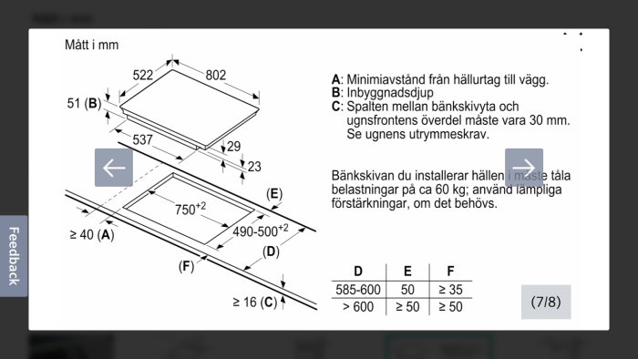 Teknisk ritning, installationsmått, inbyggnadsutrustning, kök, schematisk, dimensioner på svenska, instruktioner.