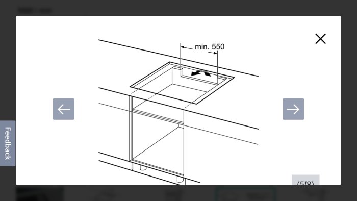 Teknisk ritning, installationsguide, köksfläkt, måttangivelser, skåp, minimalistisk svartvit design.