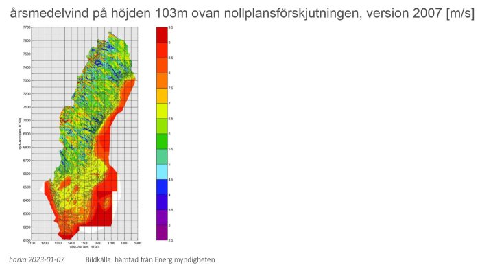 Kartan visar genomsnittlig vindhastighet över Sverige, färgkodad, med legend, från Energimyndigheten.