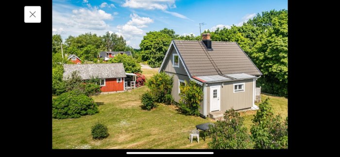 Tvåvåningshus, träpanel, röd lada, grönskande trädgård, blå himmel, drönarutsikt, sommardag, idyllisk svensk landsbygd.