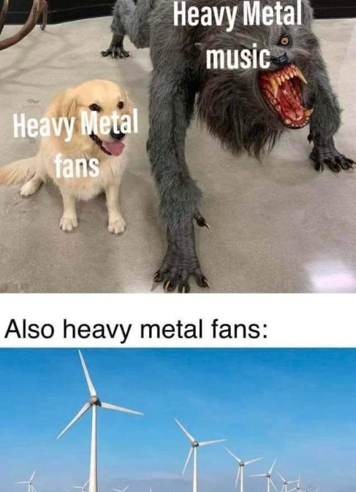 Humoristisk meme om kontrasten mellan heavy metal-musikens image och fansens mildare sida, illustrerad med hund och vindkraftverk.