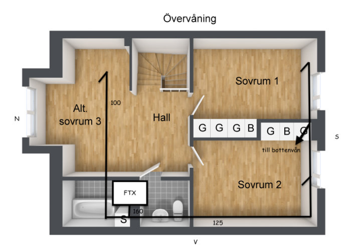 Övervåningens ritning med tre sovrum, hall, badrum och trappa nedåt. Modern och överskådlig design.