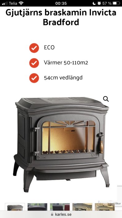 Gjutjärnskamin Invicta Bradford, Eco, värmer 50-110 m², 54 cm vedlängd, bild på försäljningssida.