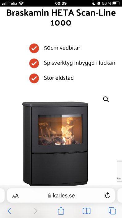 En svart braskamin med lågor synliga genom glasinlägget, webbsidans detaljer ovanför och under.