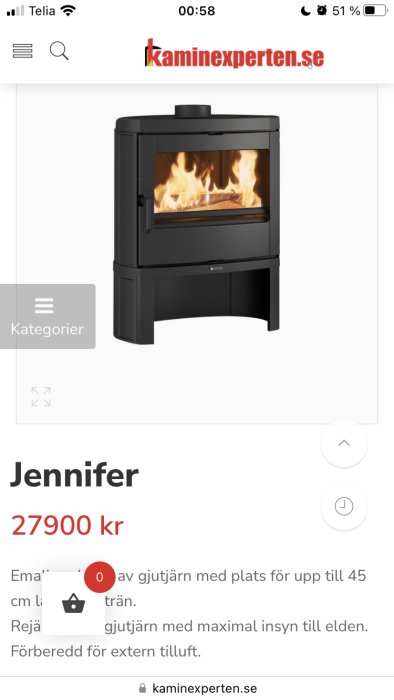 Svart kamin med eld, webbsida, mobilskärmdump, produkt 'Jennifer', pris 27 900 kronor.