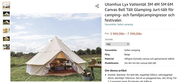 Lyxtält för glamping, öppen entré, inredning, upplysta ljusslingor, naturbakgrund. Webbshop, produktinformation.