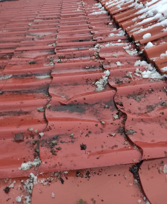 Röd takpannor med snörester och smuts, bild i dagsljus, skadad takpanna synlig.