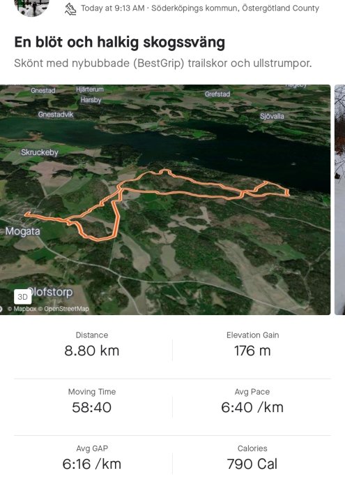 Skärmklipp av en löprunda, terrängkartvy med statistik; 8.80 km, skogsväg, Söderköping, tidsmätning, höjdvinst, kaloriförbrukning.