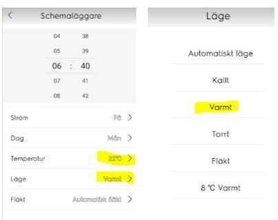 Skärmdump av en app för hemautomation visar inställningar för uppvärmning med temperatur och schema.