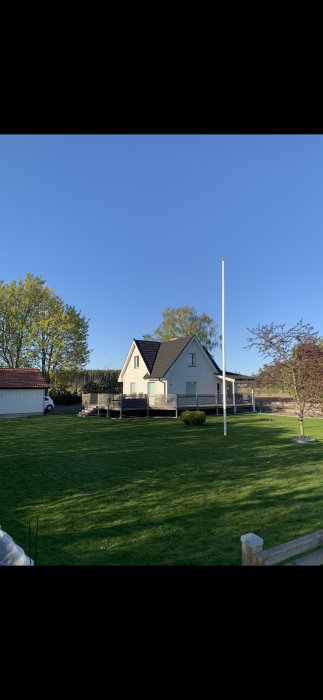 Ett vitt hus, flaggstång, grönt gräs, blå himmel, träddetaljer, skymt av bil, inhägnad altan.