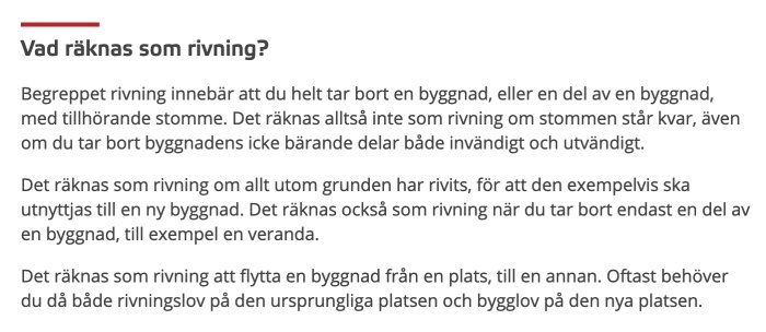 Text på svenska som definierar rivning, inkluderar borttagning av byggnader och konstruktionens delar.