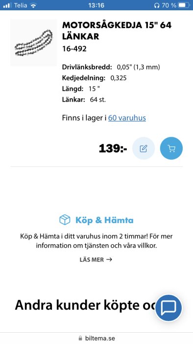 Webbsida visar motorsågskedja, 15 tum lång, 64 länkar, prisinformation; 139 kronor, köp online möjlighet.