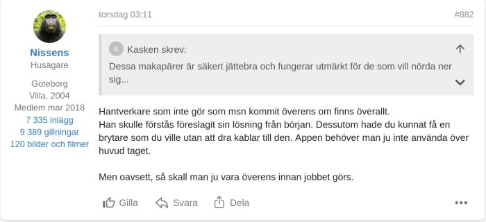 Skärmdump av en forumtråd, användare "Nissens" skriver svara på andras kommentarer.