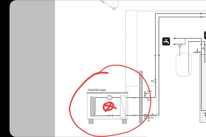 Teknisk ritning, värmepump, "FIGHTER 2020" modell, röd cirkel runt viktigt område.
