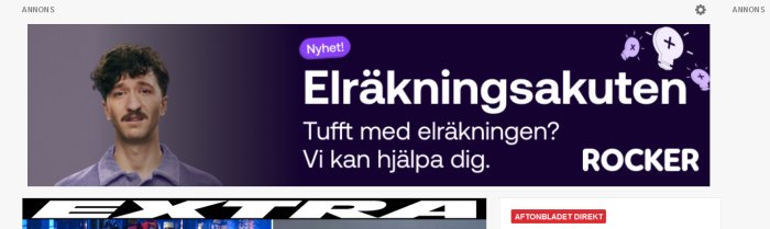 Reklambanner för "Elräkningsakuten" med text och en oroad man, erbjuder ekonomisk hjälp, märkt "Nyhet!" från Rocker.