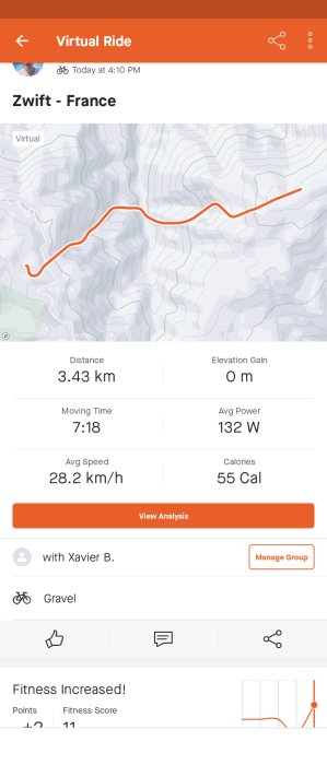 Skärmdump av en virtuell cykeltur i Frankrike; 3,43 km sträcka, 28,2 km/h, 55 kalorier förbrända.