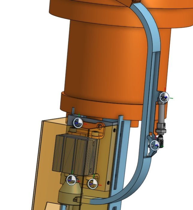 Illustration av en industrirobotarm med kablage, cylindriska komponenter och kopplingsdetaljer.