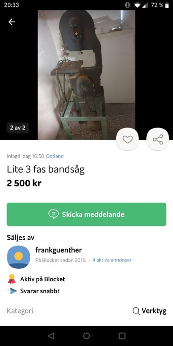 Annonssida visar bandsåg till försäljning för 2500 kronor, användarprofil, Gotland, chattknappar och telefonstatus.