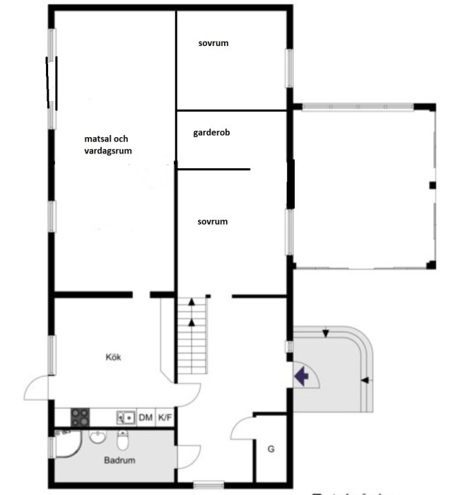 Planritning av en lägenhet med två sovrum, kök, badrum, vardagsrum, garderob och matplats.