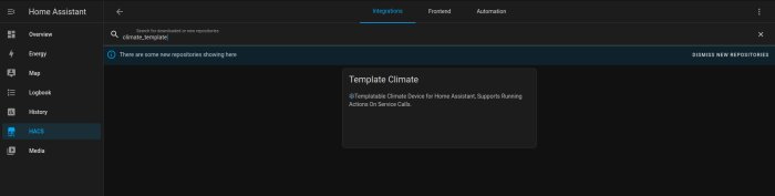 Mörk användargränssnitt för Home Assistant, söker "climate_template", HACS-sidopanel, nya repoförslag, Template Climate-info.