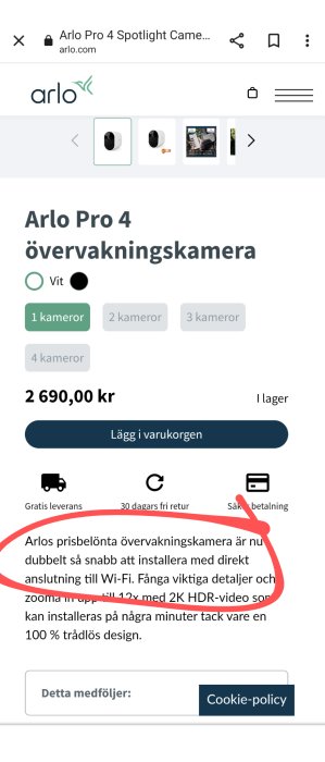 Webbsida visar Arlo Pro 4 övervakningskamera, pris, köpalternativ och produktdetaljer med Wi-Fi-anslutning och HDR-video.