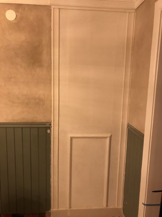 Dold dörr integrerad i väggpanel, beige och grönt, retro stil, hemligt rum eller garderob.