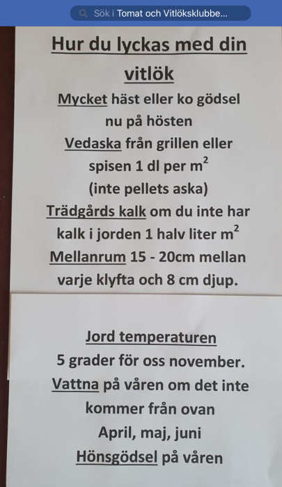 Instruktioner för att odla vitlök med gödsel, aska, kalk och månatliga arbetsinstruktioner.