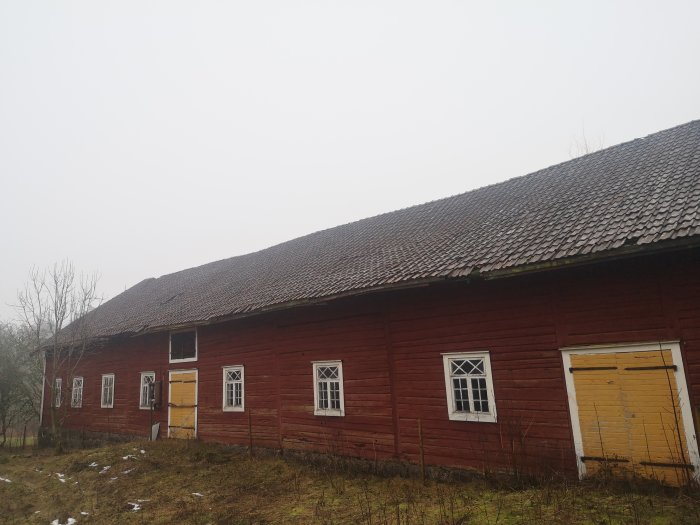Lång, röd träbyggnad, slitet tak, gula dörrar, dimmig bakgrund, sparsam vegetation, några snöfläckar på marken.
