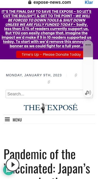 Webbsida visar donationuppmaning och artikel om vaccinerade med spelknapp. Datumet är 9 januari 2023.