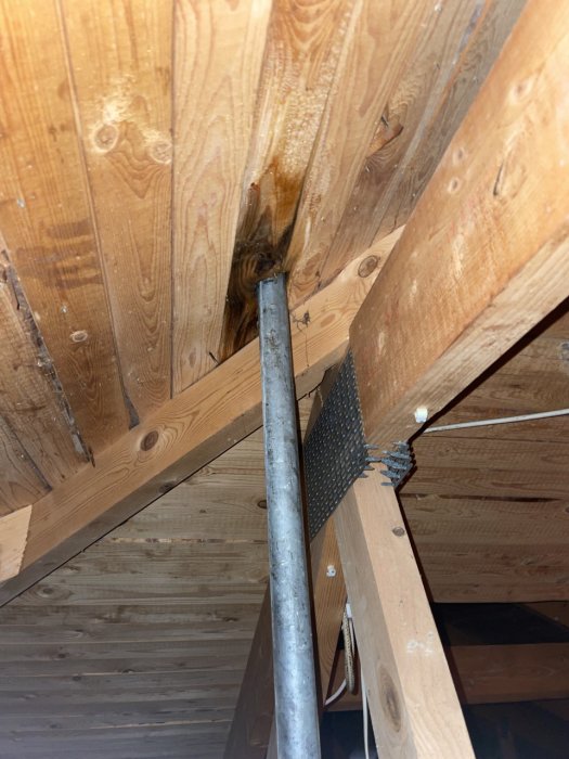 Träbjälklag i tak med synlig fuktskada och genomföring av ventilation. Oöppnad hängränna-fäste förvaras oväntat där.