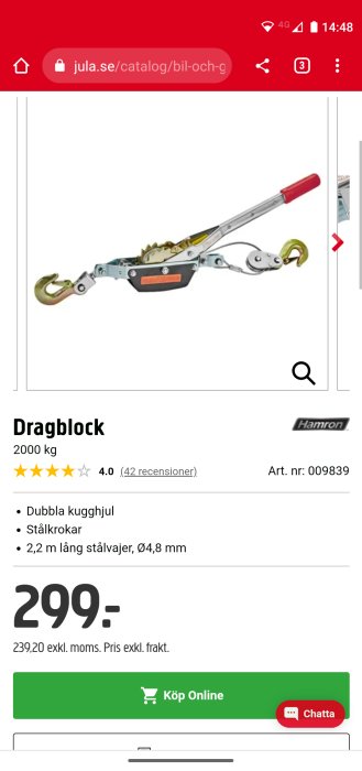 Ett dragblock (spaklyft) som har dubbla kuggjul och stålkrokar, avsedd för 2000 kg last, med synlig prisinformation.