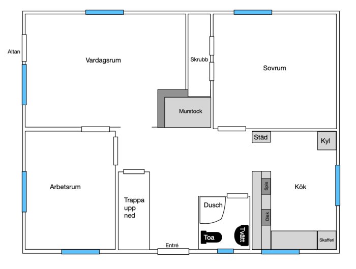 En bostadsritning med vardagsrum, kök, sovrum, badrum, altan och arbetsrum.