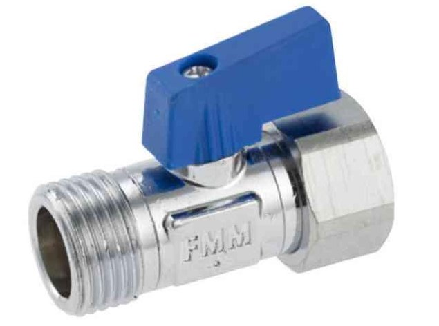 Metallventil med blå spak, röranslutningar, isolering, vätskor eller gaser reglering, industritillämpning.