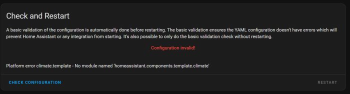 Felmeddelande i Home Assistant om ogiltig konfiguration: problem med 'climate.template' modul.