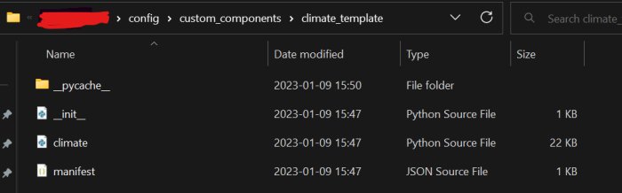 Windows katalogvy med Python-källfiler för ett klimatkomponentprojekt. Innehåller mapp och JSON-manifest.