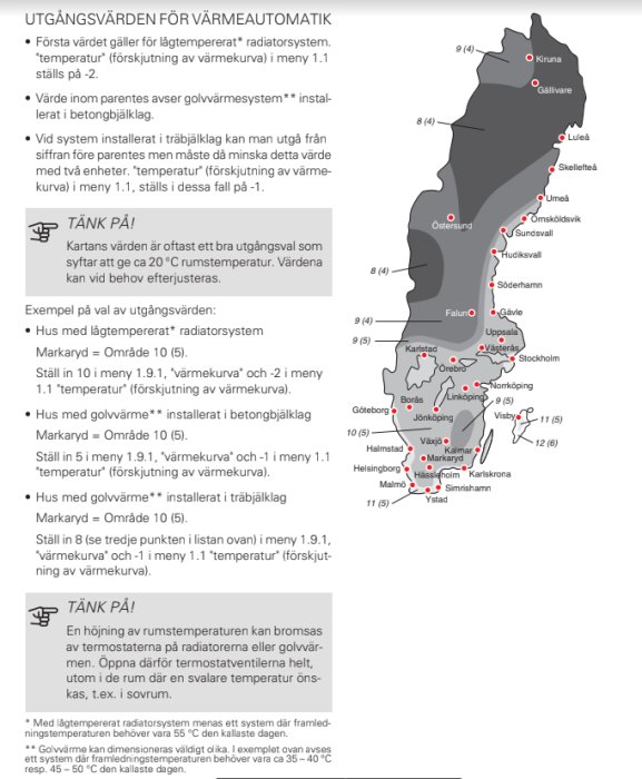 Instruktioner och karta för inställning av värmeautomatik i olika regioner i Sverige, med fokus på optimala utgångsvärden.