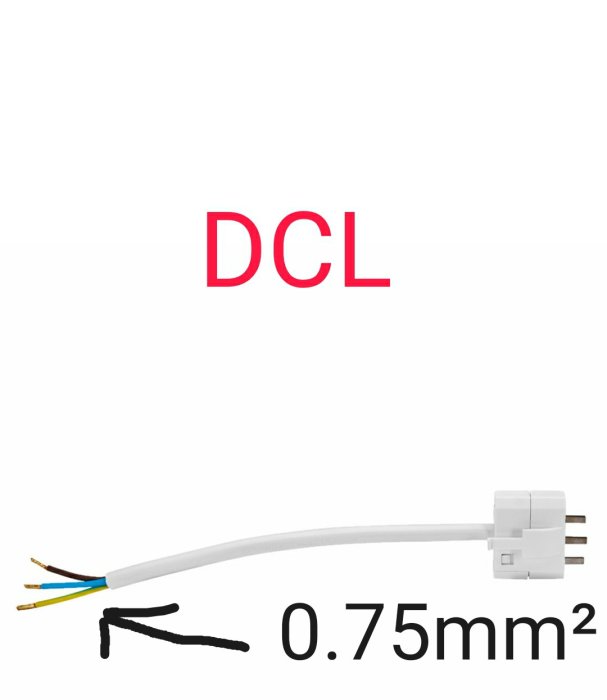 Avskalad elektrisk kabel och kontakt, DCL-märkning, 0.75mm² trådstorlek.