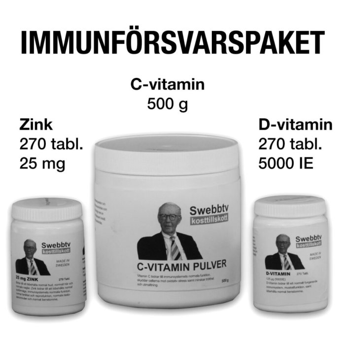 Immunförsvaret kosttillskott, zink, C-vitamin pulver och D-vitamin tabletter. Svartvit bild, produktpresentation, hälsokost.