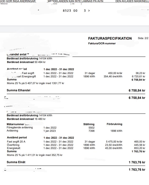 Bild av energifaktura med specifikation av kostnader för elhandel och elnät, i svenska kronor.