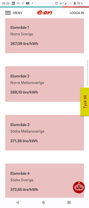 Skärmdump visar elpriser för olika områden i Sverige från E.ON webbplats.